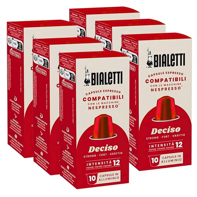 Bialetti Deciso Espresso Capsules 60 Pack – Original Machine Line Compatible Coffee Pods Intensity 12 Bold Dark Roast with Spicy and Fruity Notes