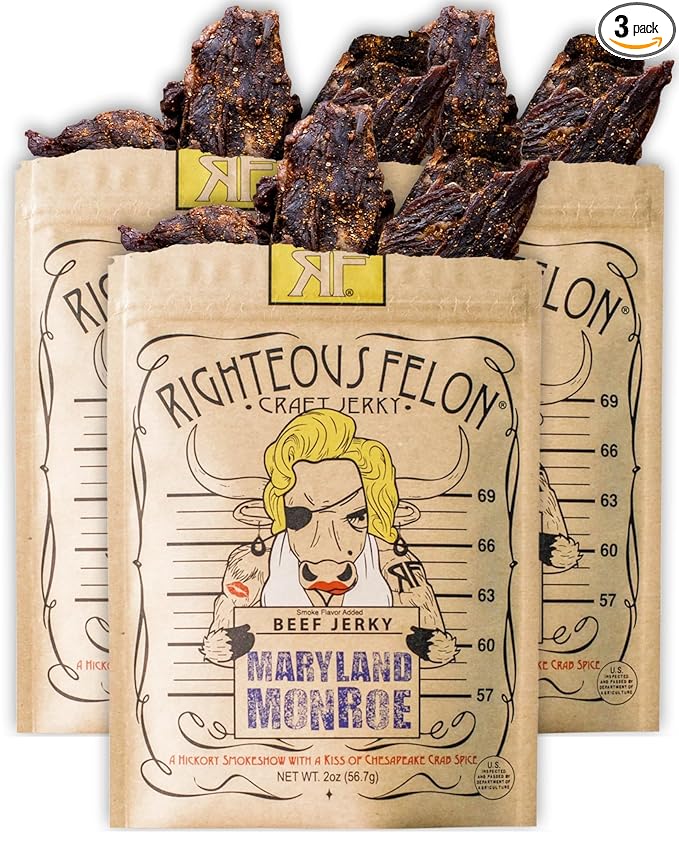 Righteous Felon Beef Jerky - Maryland Monroe Flavor - All-Natural Jerky - Locally Sourced &amp Dried Beef Jerky - Low-Sugar High-Protein Healthy Snacks - 2 Ounces 3 Pack