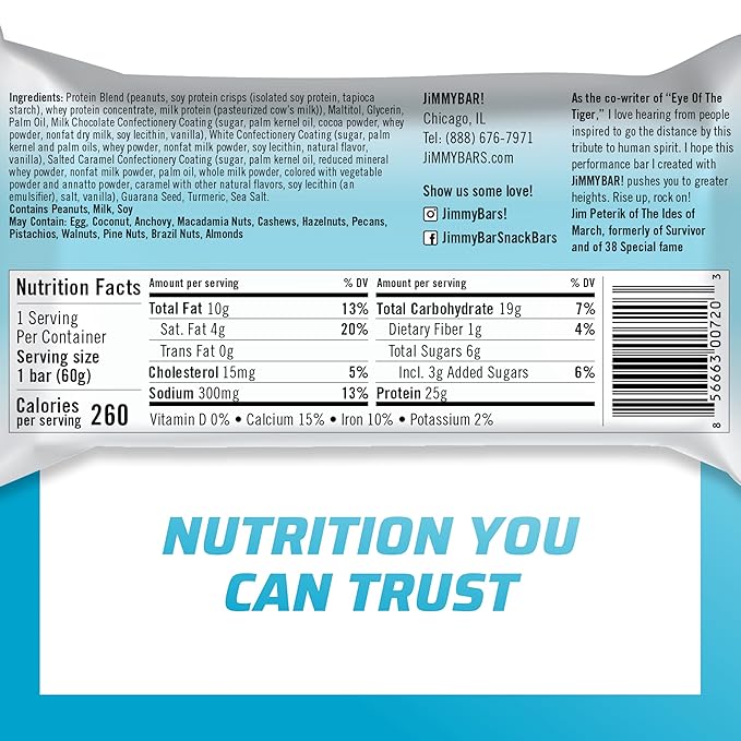 JiMMYBAR! - Eye Of The Tiger Caramel Chocolate Peanut Protein Bars - 25g Protein Bar - 6g Low Sugar - 12 Count - 60g Health Bars - Functional Snack with Real Peanuts &amp Hand-Drizzled Chocolate