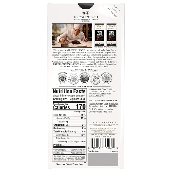 Lindt EXCELLENCE 78% Cocoa Dark Chocolate Bar Dark Chocolate Candy 3.5 oz. (12 Pack)
