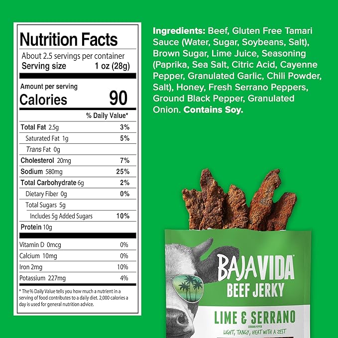 BAJA BEEF Vida Lime &amp Serrano Pepper Beef Jerky - Sweet and Spicy Beef Jerky Snack Packs Healthy Gluten-Free All-Natural No MSG Made in the USA - 2.5 Oz Bags (Pack of 4)
