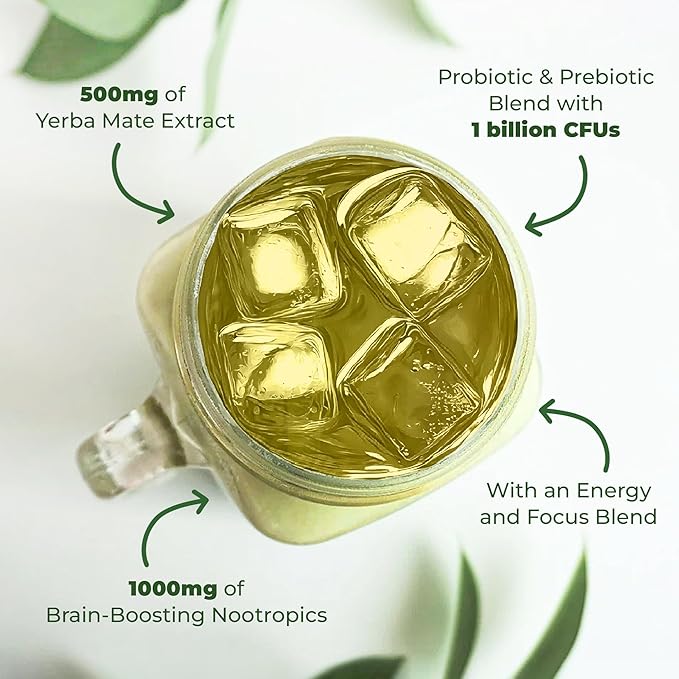 Yerba Mate Instant Tea Powder - 3-In-1 Super Drink - Clean Energy - Formulated With Nootropics To Boost Focus &amp Clarity - With Prebiotics &amp Probiotics To Boost Gut Health | Strawberry Matcha -