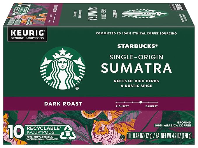 Starbucks Coffee K-Cup Pods Single-Origin Sumatra Coffee Dark Roast 100% Arabica Coffee Keurig Genuine K-Cup Pods 10 CT K-Cups/Box (Pack of 3 Boxes)