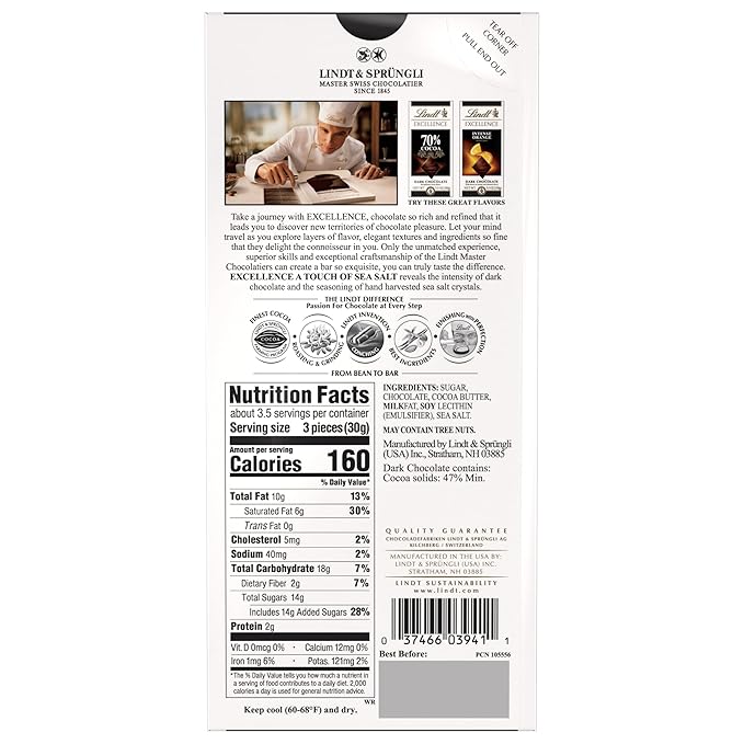 Lindt EXCELLENCE Sea Salt Dark Chocolate Bar Dark Chocolate Candy with a Touch of Sea Salt 3.5 oz. Bar (12 Pack)