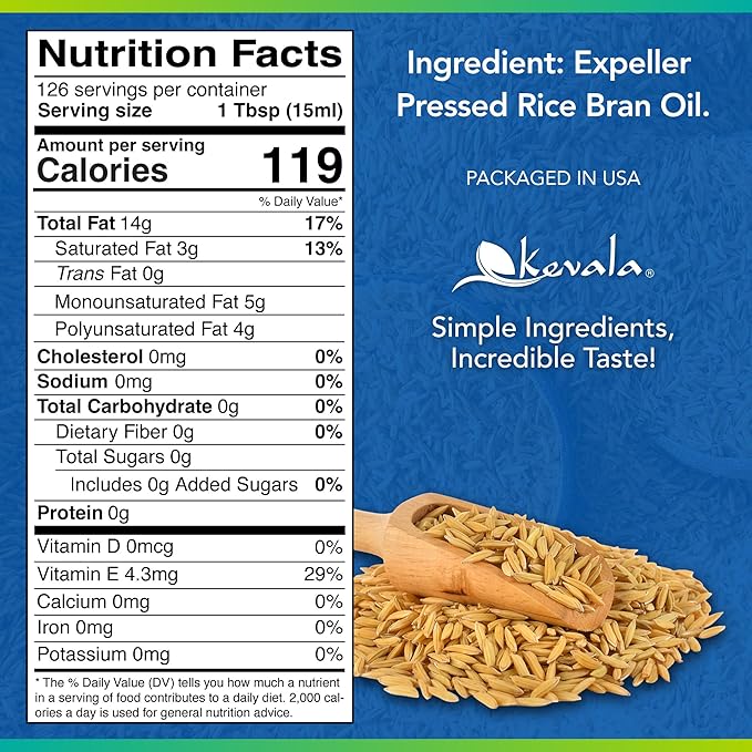 Kevala Rice Bran Oil - Oil with Mild Scent Great for Cooking ang Baking Enjoyed in Massage Therapy and Body Care Kitchen Pantry Staple for your Home Ingredient in Soap Making 64 fl oz 1/2 gal