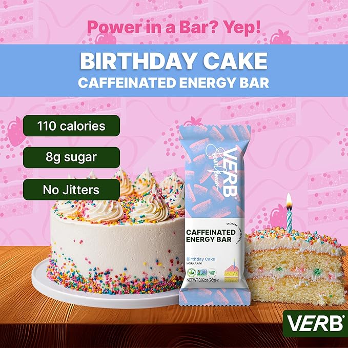 Verb Caffeinated Energy Bars Birthday Cake (26g Pack of 16) 110-Calorie Delicious Low Sugar Energy Bar - Vegan Gluten Free On-the Go Snack with 80mg Green Tea Caffeine Only Real-Food Ingredients