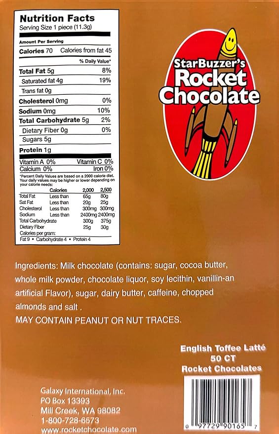 Rocket Chocolate Milk Chocolate English Toffee Latte Flavored Caffeinated Chocolate Truffles 50 count Mini
