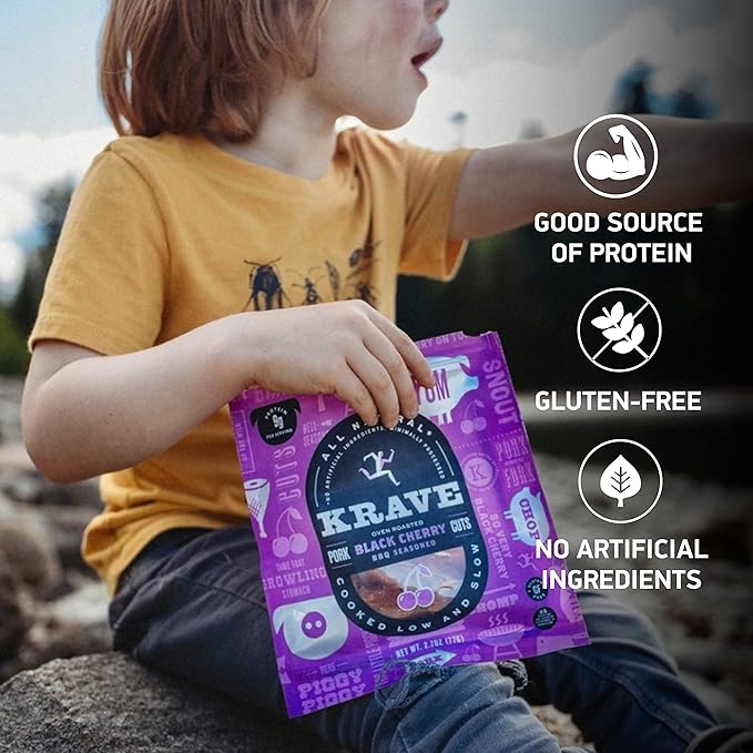 KRAVE All Natural Pork Jerky Black Cherry BBQ - Protein Packed Snacks Roasted for Maximum Flavor - Premium Tender Meat Cuts - Gluten Free - 2.7 Ounce (Pack of 8)