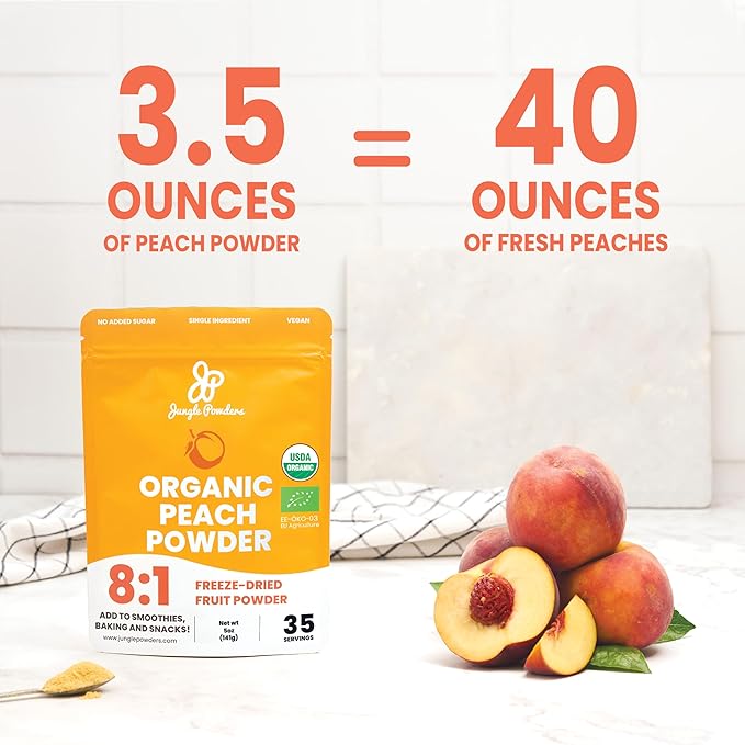 Jungle Powders Whole Black Freeze Dried Raspberries 3.2oz &amp Organic Peach Powder 5oz - No Sugar Added 100% Real Fruit for Healthy Snacks Smoothies Baking Desserts &amp Natural Flavoring