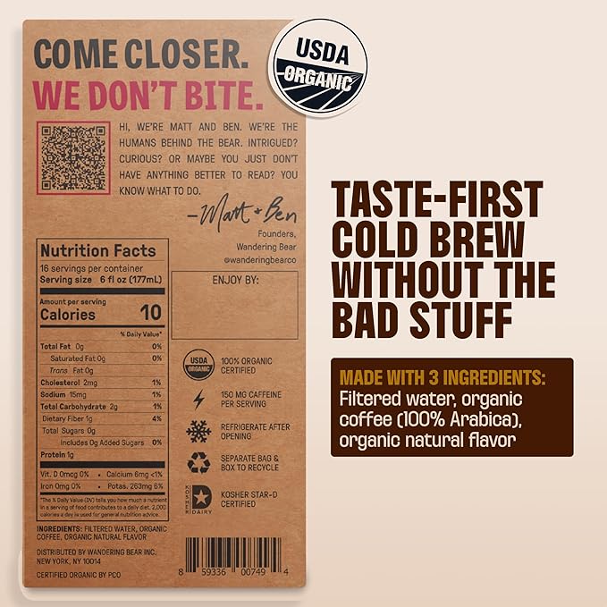 Wandering Bear Organic Mocha Cold Brew Coffee On Tap Iced Coffee Drink - Extra Strong Bold Smooth No Sugar Added Shelf-Stable Ready to DrinkGluten Free &amp Vegan -16 Servings of 6fl.oz -96fl.