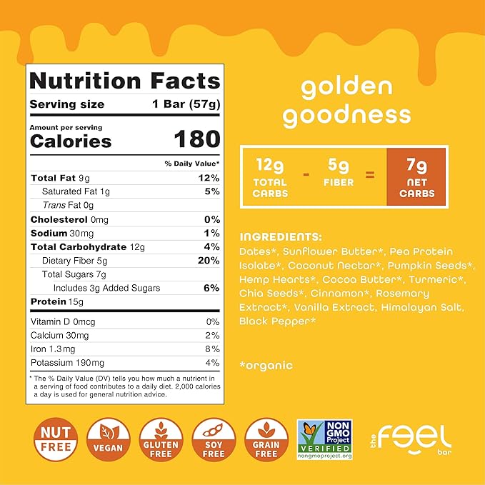 Feel Vegan Protein Bars Golden Goodness Keto Gluten Free Organic Turmeric 15g Protein Low Carb Dairy Free Grain Free Nut Free Soy Free Non GMO 10 Pack