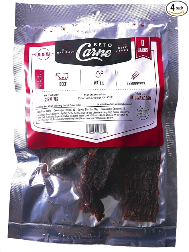KETO CARNE | Healthy Keto &amp Low Carb Beef Jerky | 0g Carb | 0g Sugar | Sugar Free Zero Carb | Gluten Free | Soy Free | Preservative Free | Nitrate Free | All Natural | Pack of 4