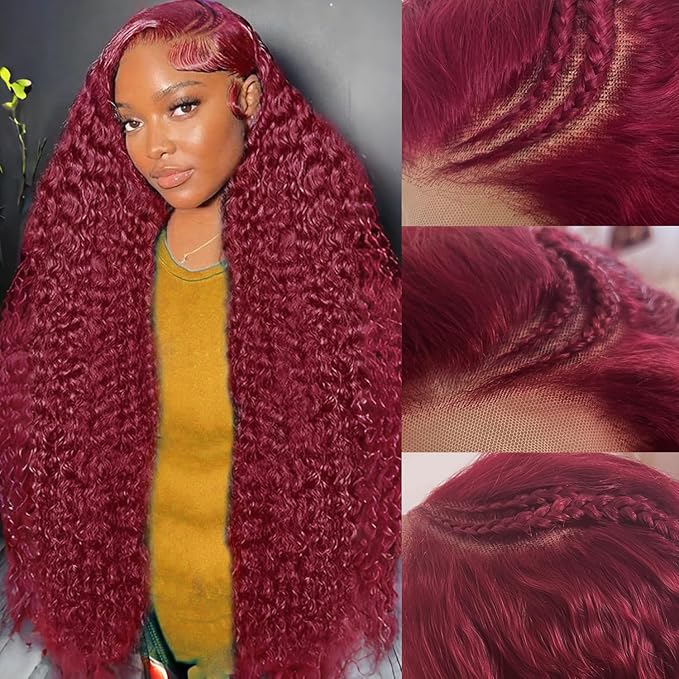 250% Density Burgundy Wig Human Hair 13X4 99j Burgundy Lace Front Wigs Human Hair 13x4 Braided Wigs For Black Women HD Deep Wave Curly Human Hair Wig with Baby Hair 28 Inch