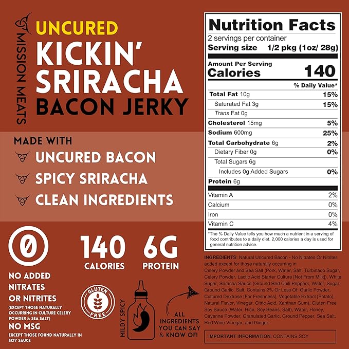 Mission Meats Candied Bacon Jerky (Sriracha) – The Perfect Delicious Savory &amp Sweet Snack Bloody Mary Bar Supplies Gift – Uncured Small Batch Gluten Free 2oz (Pack of 6)