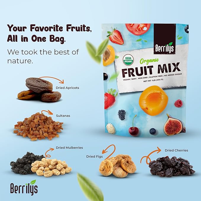 Berrilys Dried Fruit Mix USDA Organic 1 Lb of Diced Figs Apricots White Mulberries Sultanas Sour Cherries - No Sugar Added Non-GMO Perfect for Baking Oatmeal Trail Mix &amp Snacking