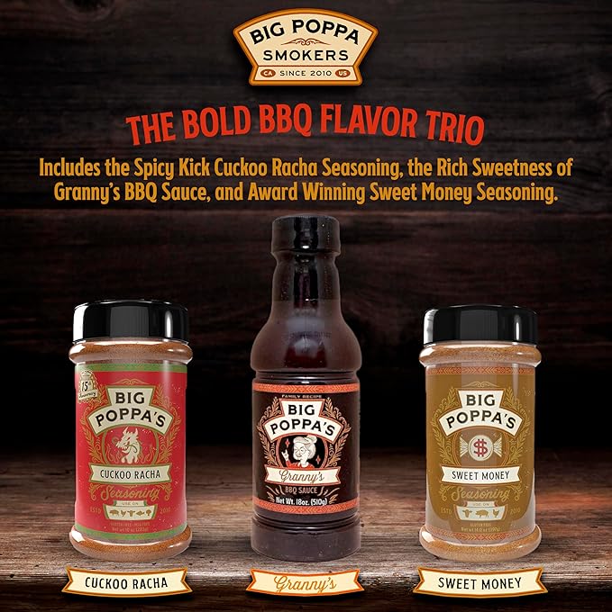 Big Poppa’s Spice &amp Sauce Celebration BBQ seasoning set – Sweet &amp Spicy Chili Seasoning Rub Kansas City BBQ Sauce &amp Outstanding Honey Garlic Seasoning – 3-Pack Flavor Bundle for Ribs Chi
