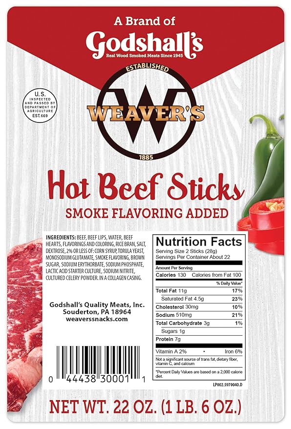 Weaver’s Hot Beef Sticks (44 hot &amp spicy 7 beef sticks per 22oz bag)