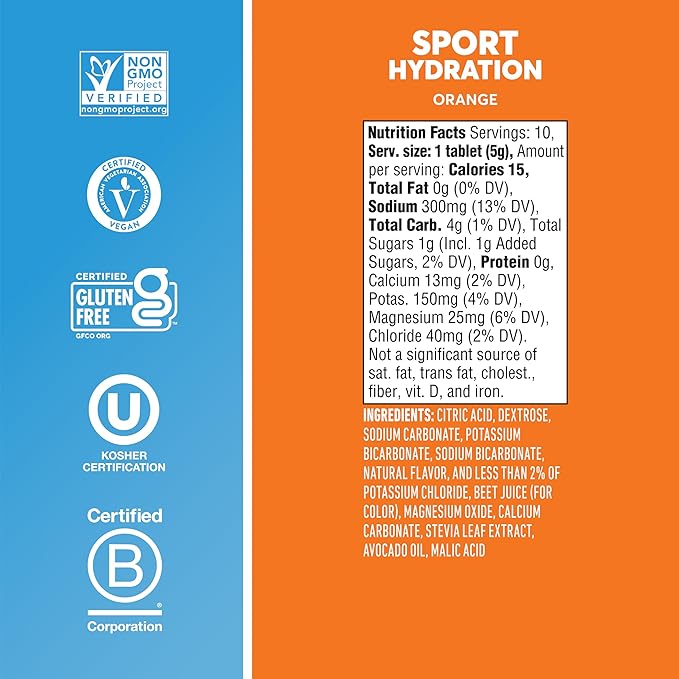 Nuun Sport Electrolyte Tablets with Magnesium Calcium Potassium Chloride &amp Sodium Gluten Free &amp Vegan Orange 8 Pack (80 Servings Total)