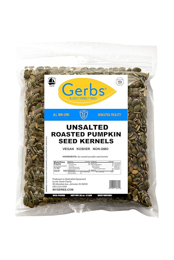 GERBS Unsalted Pumpkin Seed Kernels 2 LBS|Top 14 Allergy Free Food |Use in salads yogurt bake oatmeal trail mix|Grown in Canada packed in US