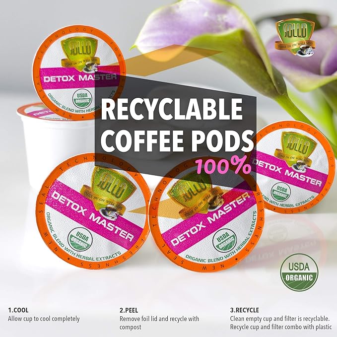 SOLLO Organic Detox Coffee Pods Supports Diet &amp Metabolism with Herbal Extracts Bold Dark Roast Single Serve Pod Compatible with Keurig K-Cup Brewers 24 Ct