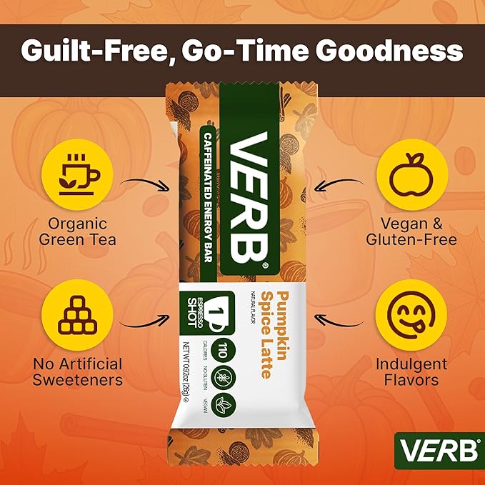 Verb Caffeinated Energy Bars Pumpkin Spice Latte (26g Pack of 16) 110-Calorie Delicious Low Sugar Energy Bar - Gluten Free On-the Go Snack with 80mg Green Tea Caffeine Only Real-Food Ingredients