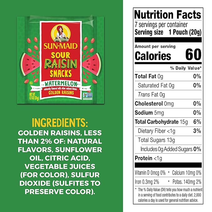 Sun-Maid Sour Watermelon Fruity Raisin Snacks - (56 Pack) 0.7 oz Pouches - Sour Watermelon Raisins - Dried Fruit Snack for Lunches and Snacks