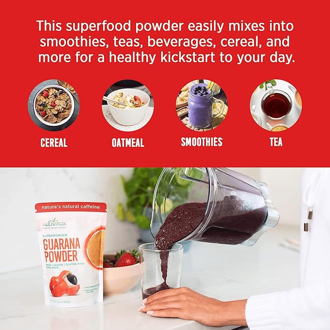 Alovitox Organic Guarana Seed Powder | Raw Guarana Seed Extract Vegan Non-GMO &amp Gluten-Free (Superfood 65mg of Natural Caffeine per Serving) 8oz/113 Servings