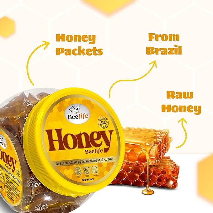 Beelife Pure Honey Packets Raw Unfiltered Sugar Free Honey- Single Serve Mini Packs- From Brazil Certified ISO 22000 Kosher (180 units/ 4g per unit)
