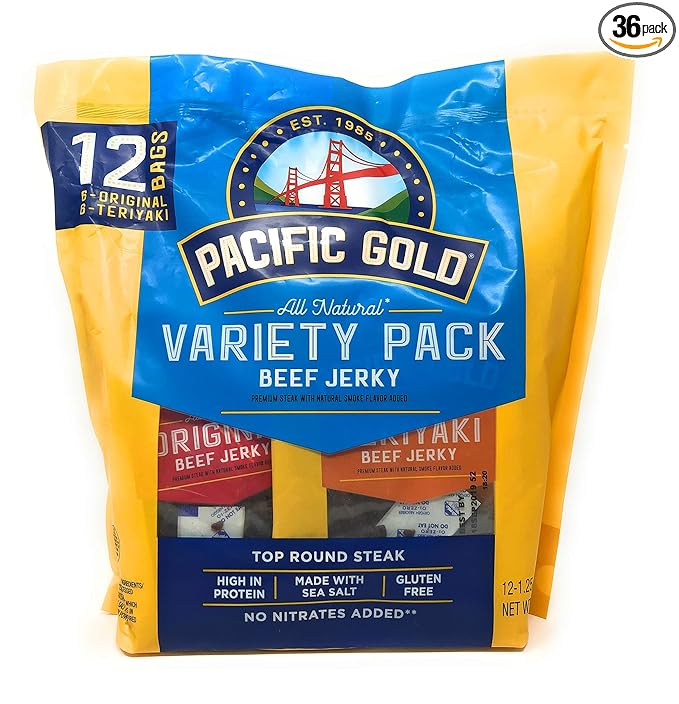 Pacific Gold Beef Jerky Original &amp Teriyaki 12 Count Per Bag (3 Bags (36 Count))