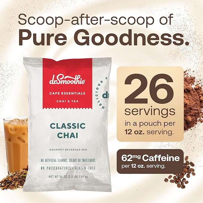 Dr. Smoothie Café Essentials Classic Chai – No Artificial Colors Flavors or Sweeteners – Shelf Stable – 62mg of Caffeine per Serving – Great for Hot Iced &amp Frozen Frappes (3.5 lb Bag 26 Servi