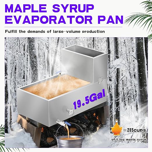 Maple Syrup Evaporator Pan 30 x 16 x 18.7 Inch Maple Syrup Pan 19.5 Gal 304 Stainless Steel Maple Syrup Evaporator Boiling Maple Syrup with Valve and Thermometer