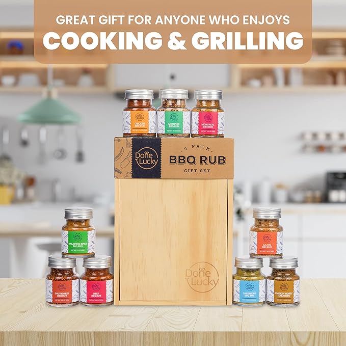BBQ Rub Gift Set - Spice Gift Set in Premium Wooden Box - Great Grilling Gift for Father’s Day Christmas Birthday for Him Dad Men or Her - Unique Barbecue Seasonings (Set of 9)