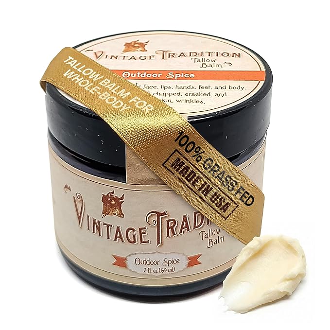 Vintage Tradition Beef Tallow All Purpose Balm - Healing Hydrating Spice Oils Skin Care Salve Replaces Body Lotion Hand Cream More - Essential Oil Olive Oil and Grass-Fed Tallow 2 fl. oz.
