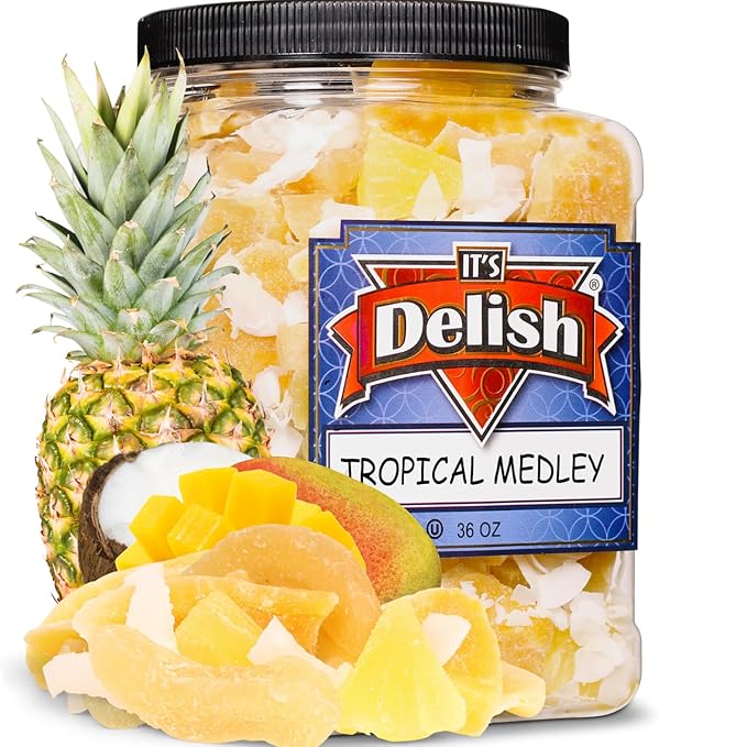 Tropical Mixed Dried Fruit Medley - by Its Delish 40 OZ Jumbo Container | Healthy Snacks for Adults | Fresh Snack Mix Dry Fruit | Pineapple Mango Guava Coconut | Vegan Kosher