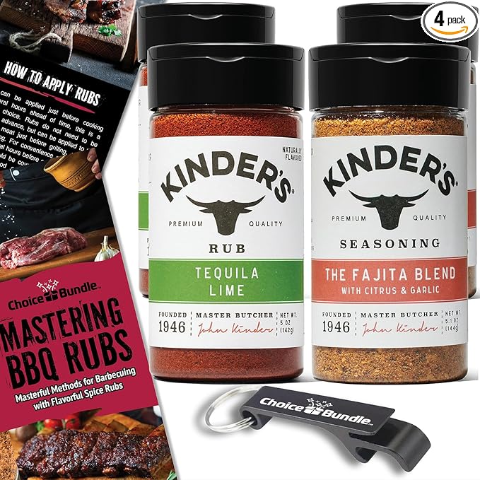 Kinders Tequila Lime Rub The Fajita Blend Seasoning with Citrus and Garlic Premium Barbecue 4 Pk (20.2 oz) + BBQ Guide &amp Opener (6 Items)!