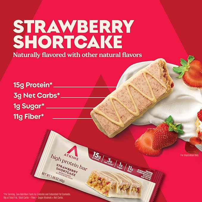 Atkins Strawberry Shortcake Flavor High Protein Bar 15g Protein 1g Sugar 3g Net Carb High Fiber Snacks Keto Friendly Protein Bars 4 Count (Pack of 6)
