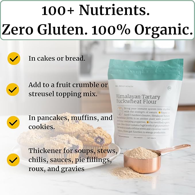 BIG BOLD HEALTH Organic Himalayan Tartary Buckwheat Flour - Gluten Free | Rich in Polyphenols &amp Antioxidants | 100% USDA Organic Grain-Free Flour | Non-GMO | USA Grown (2lb)