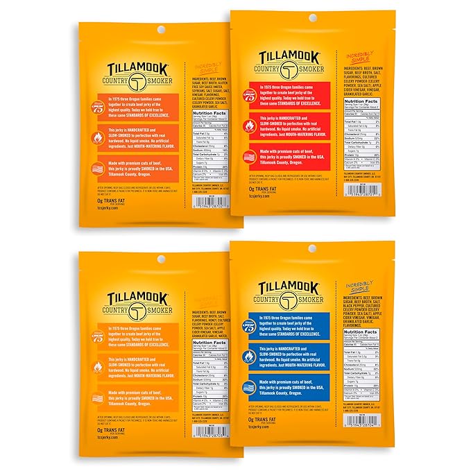 Tillamook Country Smoker Real Hardwood Smoked Beef Jerky Variety Pack 2.5 Ounce (Pack of 4)