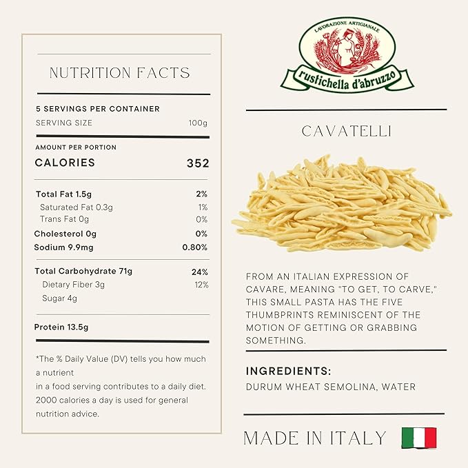 Rustichella d'Abruzzo Cavatelli Hand-Carved Pasta Perfect for Soup &amp Ragù Classic Durum Wheat from Italy 500g 3-Pack