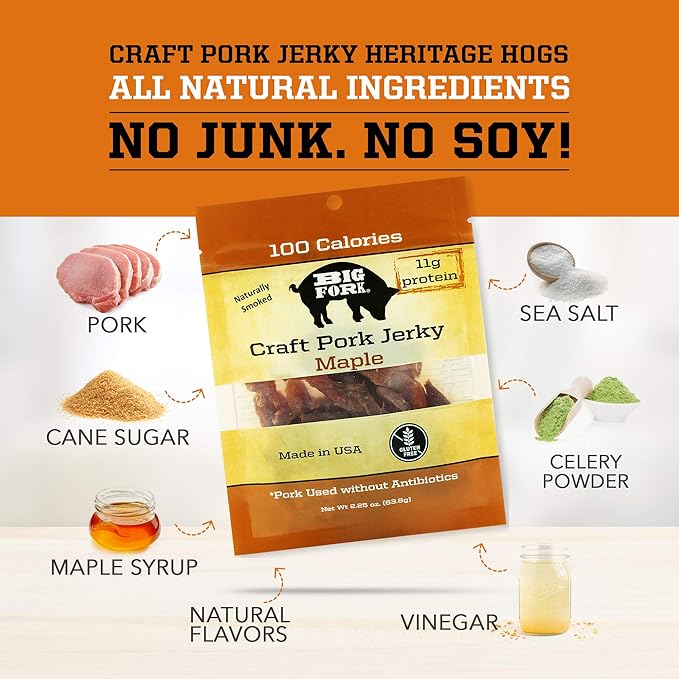 Big Fork Craft Pork Jerky – Maple Flavor | Bacon-Inspired Small-Batch Jerky Made from 100% Berkshire Pork | Keto Paleo Gluten-Free High-Protein Snack | 3 Bags (2.25 oz Each)