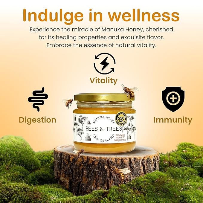 Bees &amp Trees Manuka Honey 550+ MGO - Raw Pure New Zealand Monofloral Honey – Unpasteurized &amp Natural Unfiltered Manuka for Tea Coffee Dressings Smoothies &amp Daily Use – Glass Jar 380g (