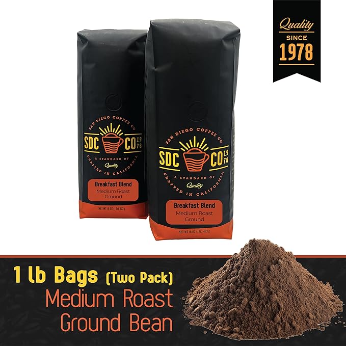 San Diego Coffee Breakfast Blend Medium Roast Ground Coffee 16-Ounce Bags (Pack of 2) Café molido tostado