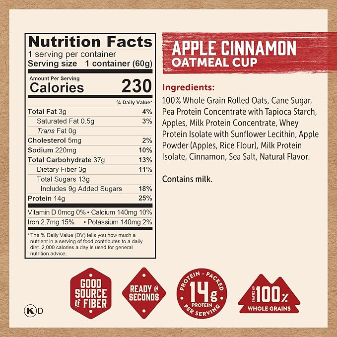 Kodiak Cakes Instant Protein Apple Cinnamon Oatmeal in a Cup 2.12oz (Pack of 12)