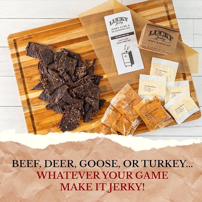 Lucky Beef Jerky DIY Jerky Seasoning and Cure Kits - Variety Pack with Six Flavors | Make Your Own with Sweet and Spicy Peppered Red Pepper Teriyaki BBQ and Original- Season 120lbs of Meat