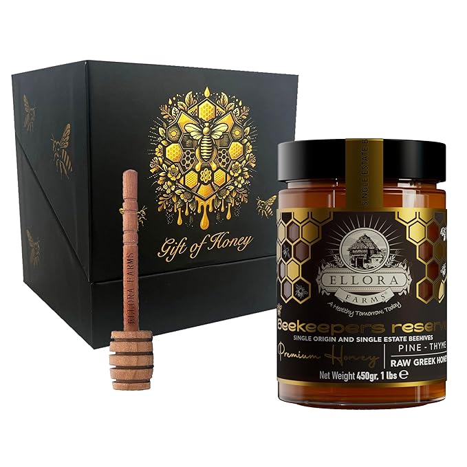 Ellora Farms Greek Honey Single Estate PDO Pine &amp Thyme Honey Unfiltered Gift Pack with Dipper Beekeepers Reserve Raw &amp Unfiltered Gluten Free - 450g (16oz)