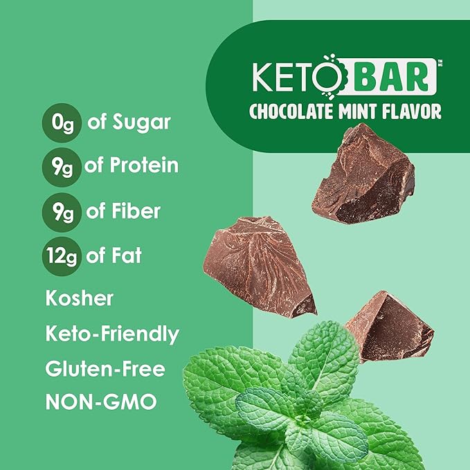 No Sugar Keto Bar Snack - Low Carb No Sugar Keto Snack Food with Keto Friendly Macros (12 x 1.41oz Bars Chocolate Mint)