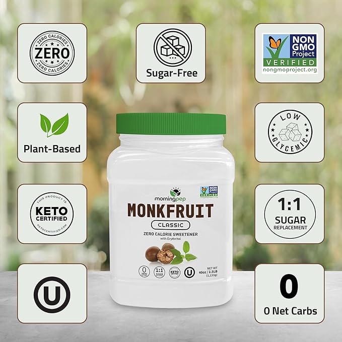 Morning Pep Monk Fruit Sweetener Classic | White Sugar Substitute Keto Diet Friendly 1:1 Sugar Replacement For Baking Coffee Tea Zero Calorie Non Gmo Project Verified OU Kosher White - 2.5 lb