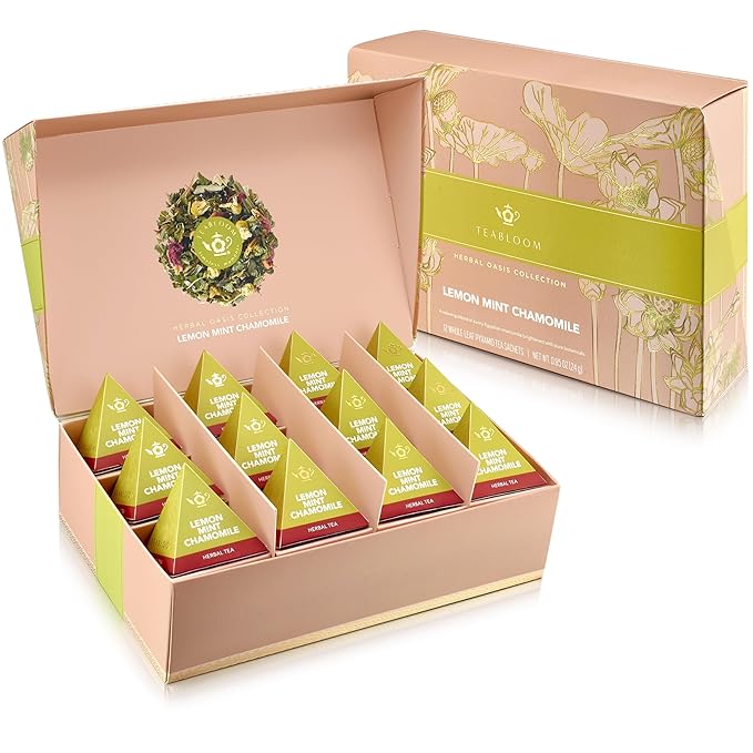 Teabloom Lemon Mint Chamomile Pyramid Tea Presentation Box 12 Herbal Tea Blends Whole-Leaf Pyramid Tea Sachets
