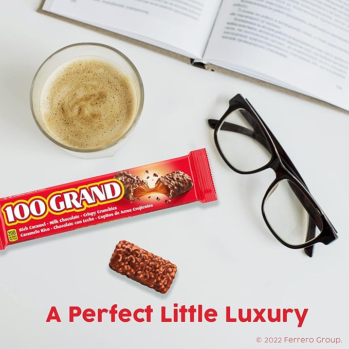 100 Grand Crispy Milk Chocolate with Caramel Full Size Individually Wrapped Candy Bars 1.5 oz each Bulk 36 Count Box