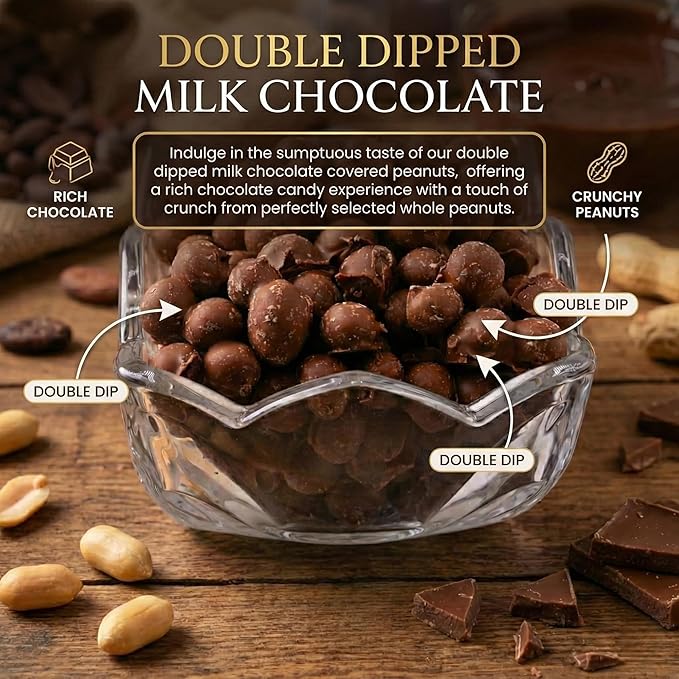Double Dipped Milk Chocolate Covered Peanuts 2LB Resealable Bag – Extra Thick Chocolate Coating Crunchy Premium Peanuts Bulk Candy Snack for Parties Baking &amp Gifting ASOZI